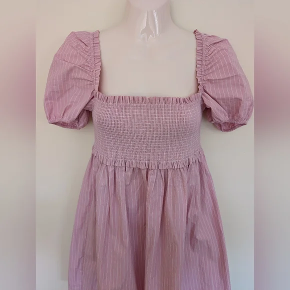 Aritzia Sunday Best Mini Smocked Babydoll Dress Small Pink & White Strip… - Picture 4 of 12